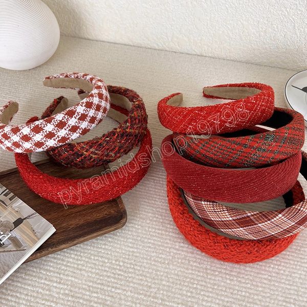 Weihnachten Neujahr Rot Haarband Dicker Schwamm Kopf Hoop Wolle Stricken Tweed Haar Hoops Haar Haar Zubehör Plaid Einfarbig