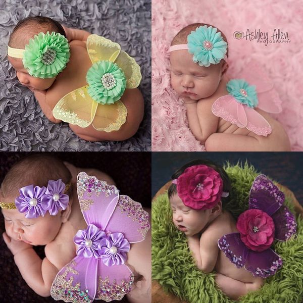 Kerst pasgeboren fotografie prop parel baby meisje vlinder kostuum hoofdband + engelenvleugels set accessoires bloem haarband 210413