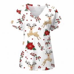 Kerst Verpleegster Uniform Scrubs Tops Womens Xmas Carto Elanden Print Korte Mouw Pocket Overalls Uniformen Medische Verpleging Blouse T4Oj #