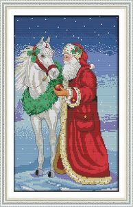 Kerstmis oude man en het paard, DIY-handwerk getroffen gedrukt op canvas handwerken borduurwerk set DMC 11CT 14CT kruissteekkits
