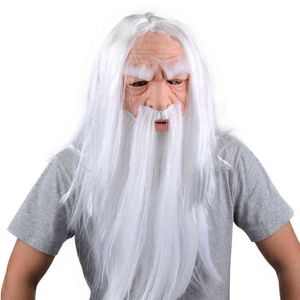 Kerstmis oude man Long White Beard Witch Cosplay Mask Mask Mask TouORD Latex Kostuume hoofddeksel One Size L220711