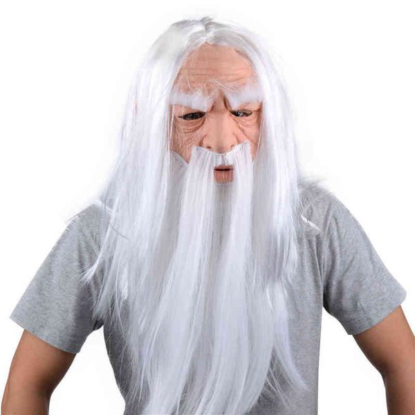 Navidad viejo hombre largo blanco barba bruja Cosplay máscara adulto látex traje sombrero talla única L220711
