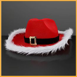 Chapeau de Cowboy en plumes de fête de noël, bord en fourrure artificielle, chapeau de père noël rouge Non brillant, chapeau de carnaval occidental