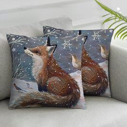 Couvercle d'oreiller de Noël - Blanc White Winter Rustic Throw Covers d'oreiller Snowflakes Fox Bird Printed Farmhouse Decorative Ahelwase pour canapé Sofa Siège Banc 2PCS