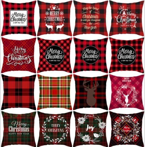 Fundas de almohada navideñas Funda de almohada de alce a cuadros rojos Funda de almohada cuadrada para sofá Funda de cojín para sofá con estampado a cuadros Decoración navideña 6552476