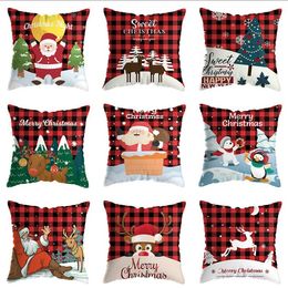 Taie d'oreiller de Noël couvre taie d'oreiller à carreaux rouges couverture dessins animés cerf imprimé taie d'oreiller couverture en peluche canapé oreiller couvre 12 modèles BT748