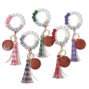 Plaid de Noël Perle en bois Bracelet en copeaux de bois Porte-clés Bracelet en perles de silicone Bracelet à pampilles en PU Cadeaux de vacances en stock