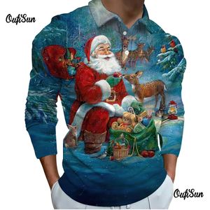 Kerstpoloshirts 3D Kerstman Bedrukt Poloshirt Voor Mannen Casual Herfst T-shirt Met Lange Mouwen Vintage Tops Herenkleding 240102