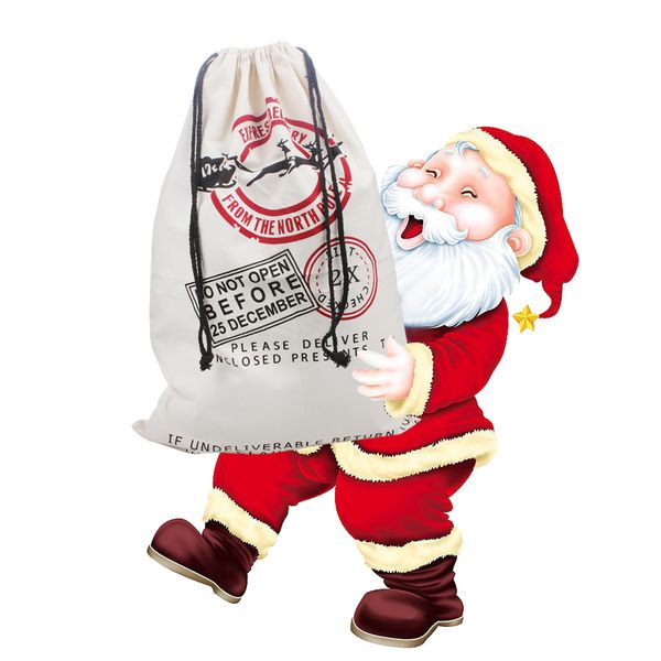 Sac de cadeaux de Noël sac de rangement en toile de coton sac à cordon de renne pour emballer le cadeau de l'enfant avec la taille 300L-blanc rouge
