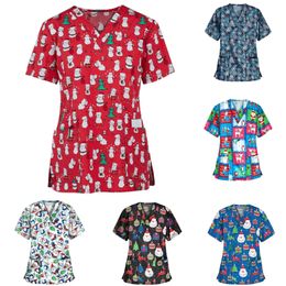 Kerstafdruk T Shirts Fashion V-Neck Short Sheeves Tops Hospital Nursing Uniform