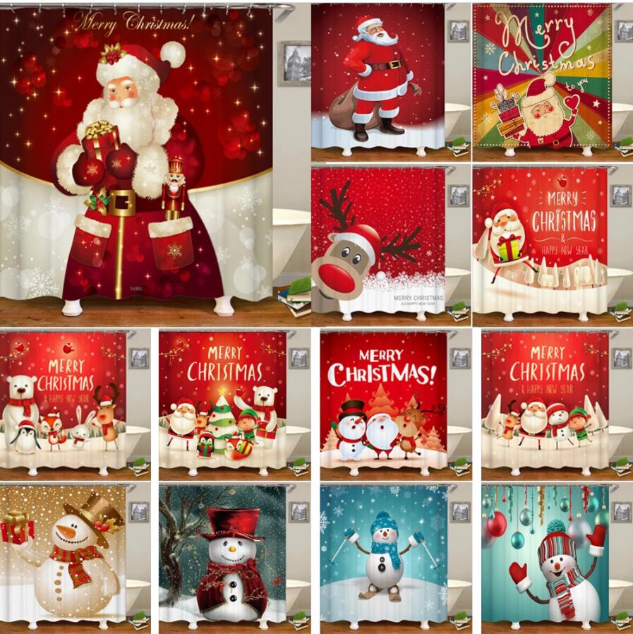 Printed Christmas Shower Curtain - Waterproof Polyester Fabric, Snowman/Santa/Elk Design for Festive Home Bathroom Decor