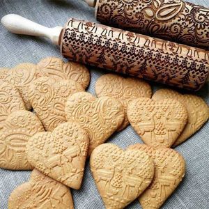 Kerst Printing Rolling Pin Wooden Laser Gravure Embossing Rolling Pin Cookie Dough Stick 211008