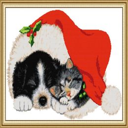 Kerst puppy thuis telpatroon Handgemaakte Kruissteek Borduren handwerkpakketten geteld print op canvas DMC 14CT 11CT257Y