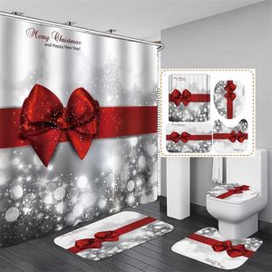 Kerstmis rode boog knoop gedrukt 180x180 cm douchegordijn voetstuk tapijt deksel toilet cover mat antislip bad mat set badkamer 211116