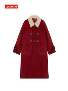 Noël rouge agneau laine col Claxon manteau femmes automne hiver nouvel an tempérament mi-long laine manteau femme L220725