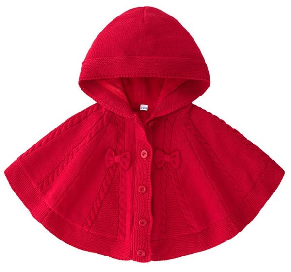 Noël rouge nouveau-né enfants bébé fille Poncho coton chaud velours tricoté pull à capuche cape avec nœud pour enfants tout-petits filles