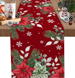 Kerst Rode Poinsettia Flowers Linnen Tafellopers Dresser sjaals voor Home Decor Washable Table Lopers Kerstdecoraties