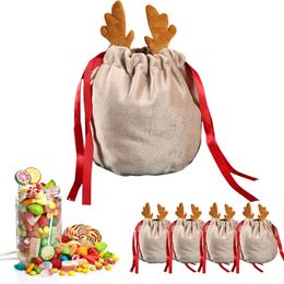 Sac cadeau de bonbons de renne de noël, sacs de père noël en velours, sacs cadeaux à cordon, décoration de noël, cadeau de fête du nouvel an pour enfants
