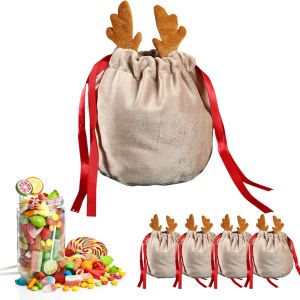 Bolsa de regalo de dulces de Reno de Navidad, sacos de Papá Noel de terciopelo, bolsas de regalo con cordón, decoración de Navidad, regalos de fiesta de año nuevo para niños