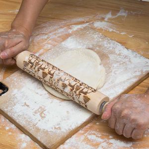 Rouleau à pâtisserie de noël gravé en bois sculpté, outil de cuisine en relief, sous-vente 211008