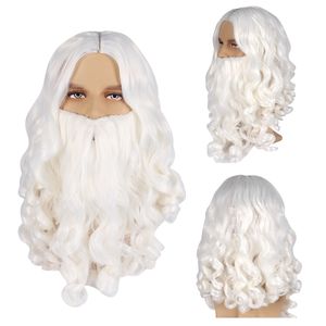 Perruque de cheveux + barbe du père noël, ensemble d'accessoires de Cosplay, blanc/blond/gris argenté, perruque bouclée pour hommes, Costume de robe d'halloween