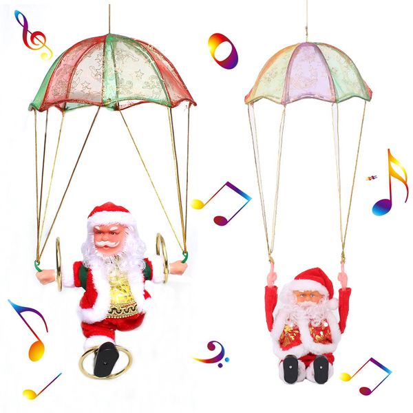 Navidad Santa Doll Toys Bailando y cantando Paracaídas cayendo Papá Noel Adornos navideños creativos Muñeca musical Juguete colgante El mejor regalo para niños