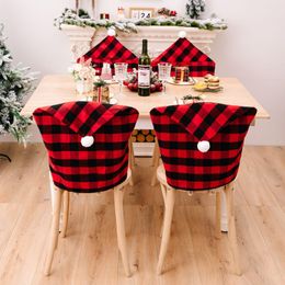 Kerstmis Santa Hat Chair Covers Buffalo Plaid Eetting Table stoel stoel slipcovers vakantie keuken huisdecor BBC156