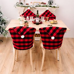 Kerstmis Santa Hat Chair Covers Buffalo Plaid Eetting Table stoel stoel Slipcovers vakantie keuken thuis decor GCC156