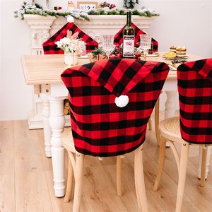 Kerstmis Santa Hat Chair Covers Buffalo Plaid Eetting Table stoel stoel Slipcovers vakantie keuken Home Xmas Decor RRA436