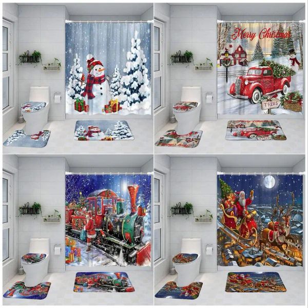 Curtain de douche de Noël Ensemble drôle Santa Claus Snowman Rouge Truck de Noël
