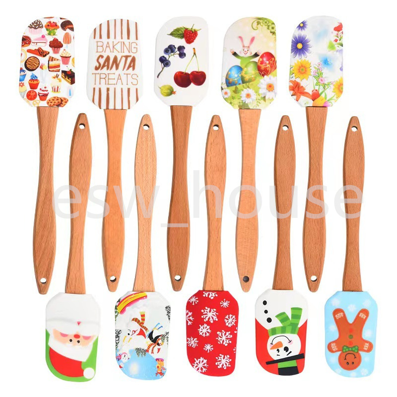 Julsilikon Spatula Trähandtag Kök Fondant Cream Blandande smetskrapa Bakeware Xmas Hushållsdekor