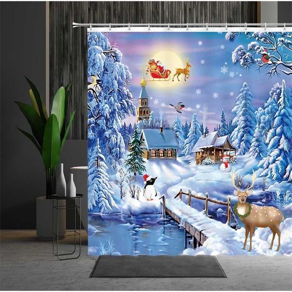 Navidad nieve alce cortina de ducha ciervos pintura al óleo paisaje de invierno bosque de pino poliéster baño decoración baño colgante conjunto de tela 211116