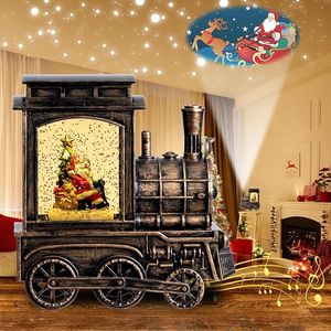 Kerstsneeuwbollantaarn met projector, UBTKEY Kerstman in muzikale trein LED-glitterende oplichtende kerstversieringen met 6H-timer, USB-plug-in op batterijen