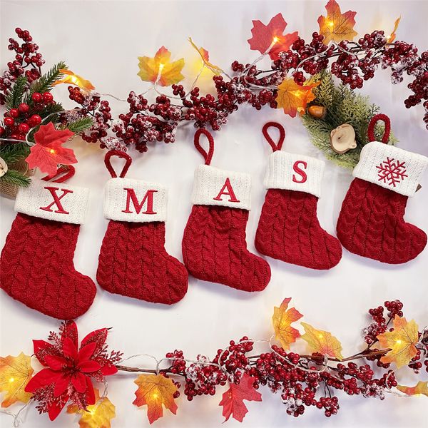 Noël flocon de neige à tricoter rouge lettre chaussettes suspendus arbre de Noël décoration décoration de la maison cadeaux