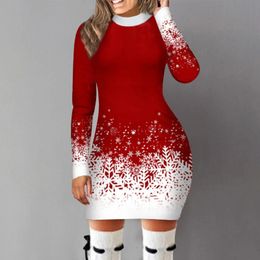 Flocon de neige de Noël imprimé Dres vêtements à manches longues col rond fête de noël robe moulante élégante décontractée mini robes 240323