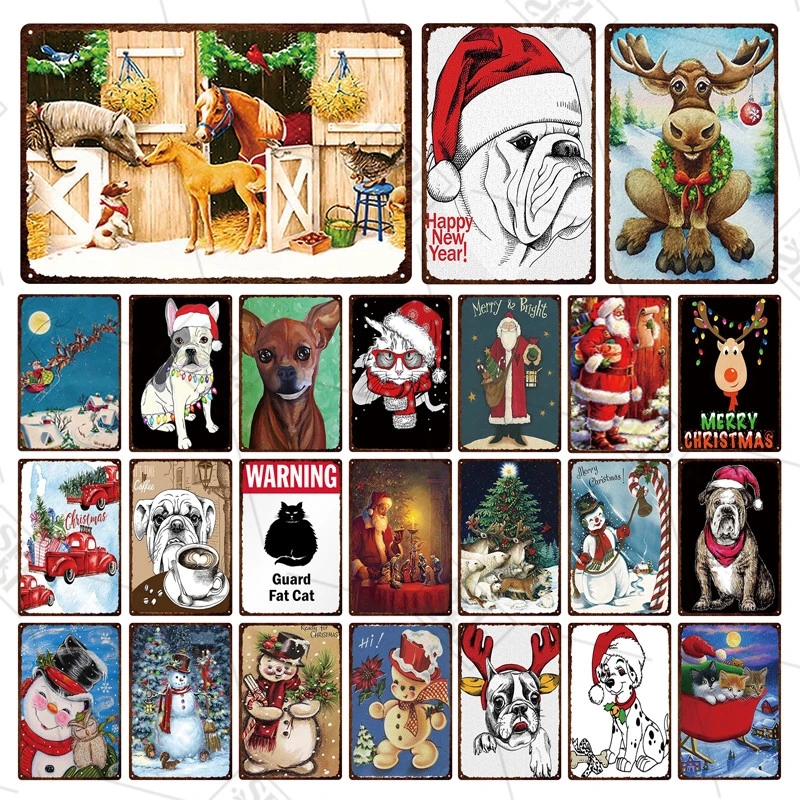 Christmas Snowman Metal Sign Vintage Dog Tin Plate Home Stickers Wall Stickers Pet Metal Affiche avec chapeau de Noël pour décoration de maison 30x20cm W03