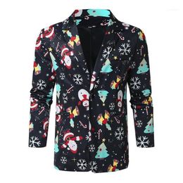 Kerstmissneeuwmannen bloemen heren blazer jas mannen casual slanke snoep gedrukt pak streetwear11