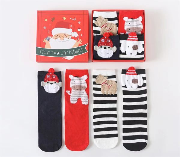 Chaussettes de Noël, tube central en boîte pour enfants, chaussettes d'hiver pour femmes, cadeau du zodiaque rouge, coffret cadeau pour femmes de dessin animé en trois dimensions, chaussettes en coton Q1