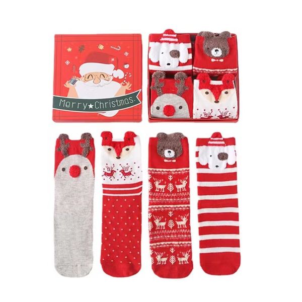 Chaussettes de Noël, tube central en boîte pour enfants, chaussettes d'hiver pour femmes, cadeau du zodiaque rouge, coffret cadeau pour femmes de dessin animé en trois dimensions, chaussettes en coton Q4