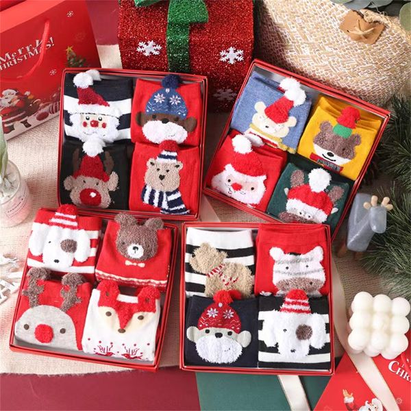 Chaussettes de Noël, tube central en boîte pour enfants, chaussettes d'hiver pour femmes, cadeau du zodiaque rouge, coffret cadeau pour femmes de dessin animé en trois dimensions, chaussettes en coton Q6