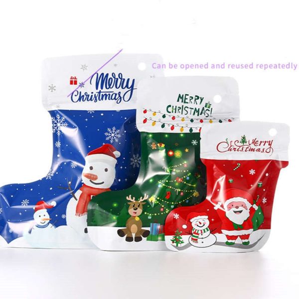 Bolsas de embalaje de azúcar con forma de calcetines navideños Stand Up Santa Claus Muñeco de nieve Bolsa de papel de aluminio para decoración de árboles de Navidad Regalo Dulces Galletas Azúcar Almacenamiento de bocadillos