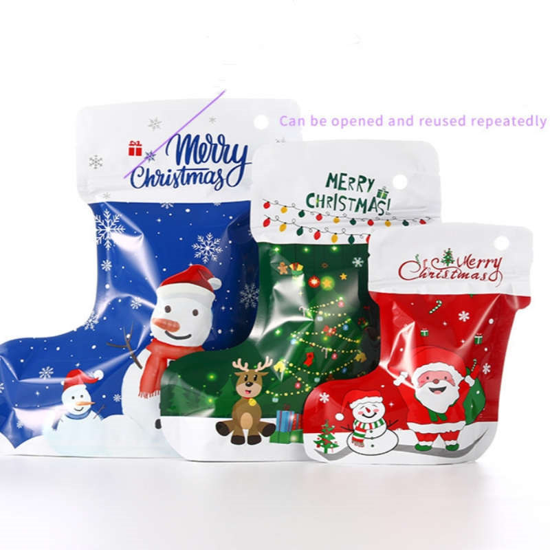 Sacs d'emballage de sucre en forme de chaussettes de Noël, pochette en aluminium pour décoration d'arbre de Noël, cadeau, bonbons, biscuits, sucre, collations, stockage des aliments