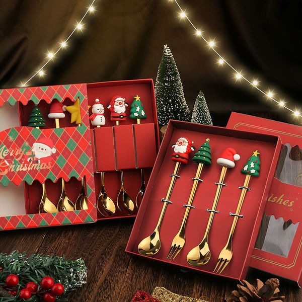 Juego de cuchara y tenedor de Navidad, caja de regalo creativa y divertida con tenedor de postre de Papá Noel de dibujos animados