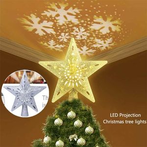 Kerstster Decorate LED Projection Light Tree Top Roterende Sneeuwvlok Pentagram Projectie 2022 Kerstboom Toppers Licht 211104