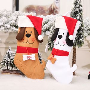 Bas de noël chien de dessin animé avec chapeau de père noël, sac cadeau, décorations de chaussettes suspendues pour arbre de noël, w-01159