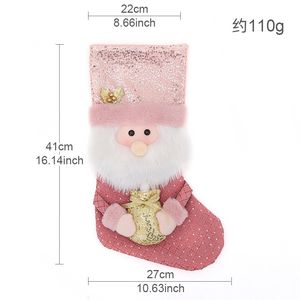 Chaussettes de Noël en peluche roses à paillettes, grandes chaussettes décoratives de 41 cm, chaussettes décoratives durables, à suspendre, pour fête de bonbons, mignonnes