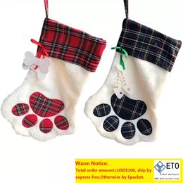 Calcetín de Navidad con monograma mascota perro gato pata bolsa de regalo a cuadros medias de Navidad adornos de árbol de Navidad decoración de fiesta