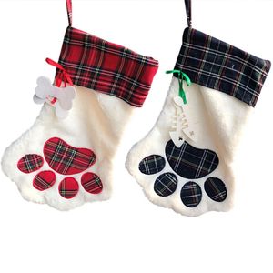 Bas de Noël Monogramme Pet Dog Cat Paw Gift Bag Plaid Bas de Noël Ornements d'arbre de Noël Party Decor 2 Styles DHW1028