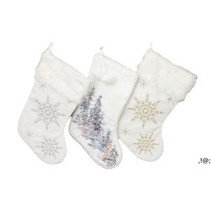 Bas de Noël Snowy White Cozy Fausse Fourrure Cheminée de Noël Chaussette suspendue décorative pour les décorations de fête de famille DIY Craft LLB11766