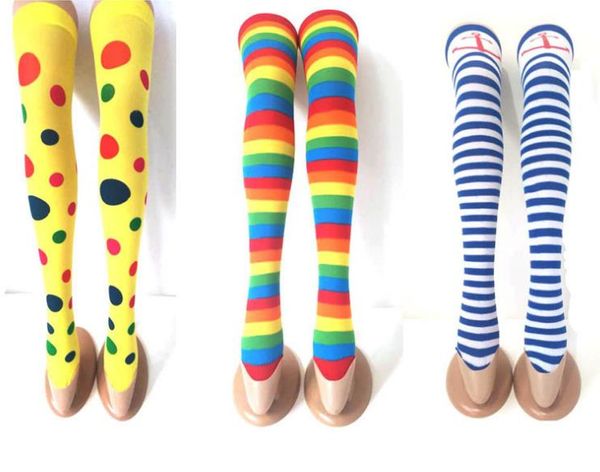 Bas de Noël Costume de fête d'Halloween Cosplay Chaussettes longues Rainbow Striped Polka Dots Clown Chaussettes Japonais Anime Accessoires longueur 70cm